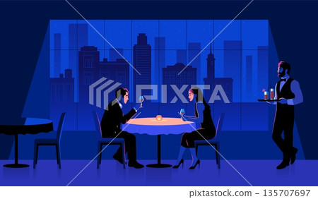 Couple in restaurant. Romantic evening, anniversary celebration or first date, man and woman drink wine at set table in night, waiter carrying drinks tidy vector cartoon isolated concept Couple in restaurant. Romantic evening, anniversary celebration or first date, man and woman drink wine at set table in night, waiter carrying drinks tidy vector cartoon isolated concept 135707697