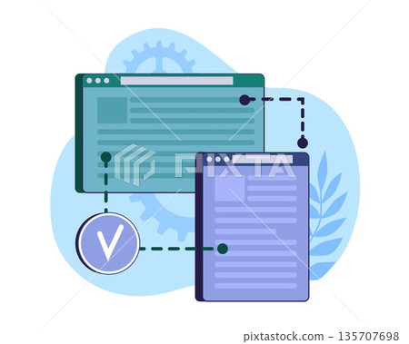 Cross browser compatibility. Network of links, program windows connected to each other, data transfer, showing structure link, integration and verified cartoon isolated vector concept 135707698
