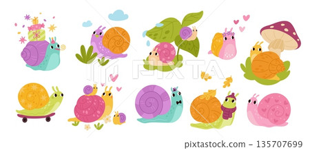 Cute funny snails. Cartoon animal characters, clams, slugs with shells, kids and adults on mushroom, color spring mascots, different actions, stickers collection, garish vector doodle set 135707699