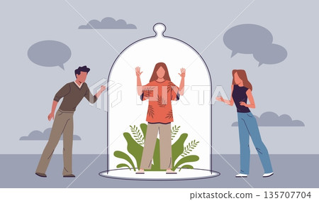 Extroverts try communicate with introvert. Sociable people, girl under glass hood, psychology, character traits, emotional safety, personal boundaries and privacy nowaday vector concept 135707704