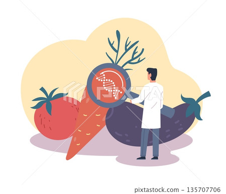 Genetically modified food industry. Scientist is investigating genetic code of carrots, lab examining vegetables with a magnifying glass showing DNA vector cartoon flat isolated concept Genetically modified food industry. Scientist is investigating genetic code of carrots, lab examining vegetables with a magnifying glass showing DNA vector cartoon flat isolated concept 135707706