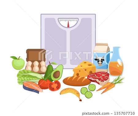 Mediterranean diet. Healthy eating program, nutritionology and dietetics, balanced planning and weight control, meal organization food and drink and weight scale, vector cartoon concept 135707710