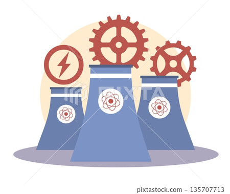 Nuclear power plant. Obtaining electricity, factory pipes that emit harmful substances into atmosphere, towers with atomic symbols, industrial electricity generation vector cartoon concept 135707713
