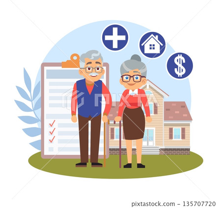 Pension and property management Insurance. Elderly couple on house documents background, medical care and finance consultation for pensioner, retired couple cartoon vector concept 135707720