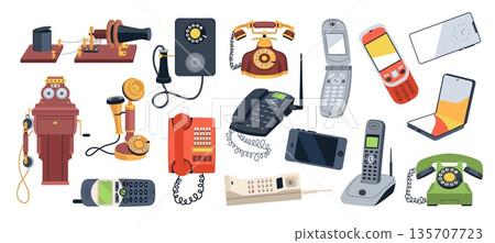 Phones evolution. From vintage models with handsets, discs to modern smartphones, different designs devices for long distance conversations, technology progression tidy vector cartoon set 135707723