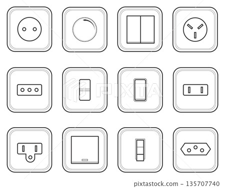 Switch line icons. Different types electric push buttons, sockets, power light, on off connection, push and twirlers, electrical installation, dimmer controls, qualitative vector isolated set Switch line icons. Different types electric push buttons, sockets, power light, on off connection, push and twirlers, electrical installation, dimmer controls, qualitative vector isolated set 135707740