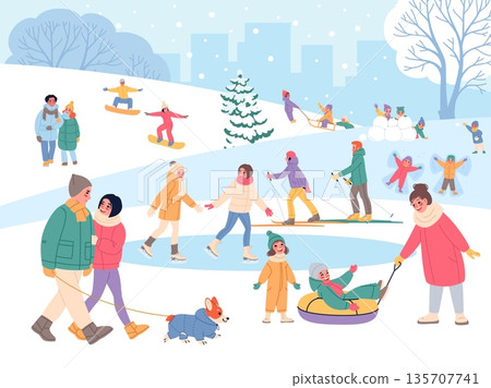 Winter walks in park. Snowy outdoor activities, happy people with kids and pets skate, sledge, and snowboard, leisure and seasonal fun cartoon flat style isolated classy vector background Winter walks in park. Snowy outdoor activities, happy people with kids and pets skate, sledge, and snowboard, leisure and seasonal fun cartoon flat style isolated classy vector background 135707741