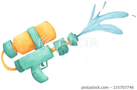 Colorful water gun toy set, Songkran festival, watercolor illustration, Thailand summer vibes, plastic spray gun shoot water, splashing wet fun, joy happy culture. Colorful water gun toy set, Songkran festival, watercolor illustration, Thailand summer vibes, plastic spray gun shoot water, splashing wet fun, joy happy culture. 135707746