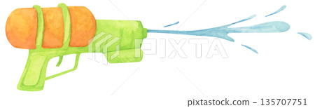 Colorful water gun toy set, Songkran festival, watercolor illustration, Thailand summer vibes, plastic spray gun shoot water, splashing wet fun, joy happy culture. 135707751
