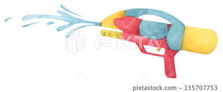 Colorful water gun toy set, Songkran festival, watercolor illustration, Thailand summer vibes, plastic spray gun shoot water, splashing wet fun, joy happy culture. Colorful water gun toy set, Songkran festival, watercolor illustration, Thailand summer vibes, plastic spray gun shoot water, splashing wet fun, joy happy culture. 135707753