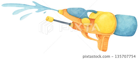 Colorful water gun toy set, Songkran festival, watercolor illustration, Thailand summer vibes, plastic spray gun shoot water, splashing wet fun, joy happy culture. Colorful water gun toy set, Songkran festival, watercolor illustration, Thailand summer vibes, plastic spray gun shoot water, splashing wet fun, joy happy culture. 135707754