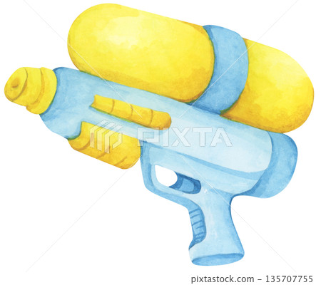 Colorful water gun toy set, Songkran festival, watercolor illustration, Thailand summer vibes, plastic spray gun shoot water, splashing wet fun, joy happy culture. 135707755