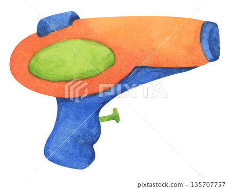 Colorful water gun toy set, Songkran festival, watercolor illustration, Thailand summer vibes, plastic spray gun shoot water, splashing wet fun, joy happy culture. 135707757