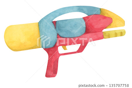 Colorful water gun toy set, Songkran festival, watercolor illustration, Thailand summer vibes, plastic spray gun shoot water, splashing wet fun, joy happy culture. 135707758