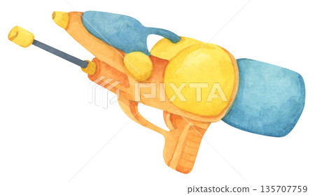 Colorful water gun toy set, Songkran festival, watercolor illustration, Thailand summer vibes, plastic spray gun shoot water, splashing wet fun, joy happy culture. 135707759