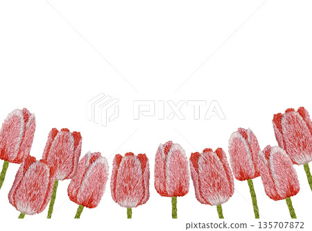 [Red tulip frame] Hand-embroidered illustration material 135707872