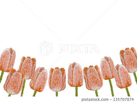 [Orange tulip frame] Hand-embroidered illustration material 135707874
