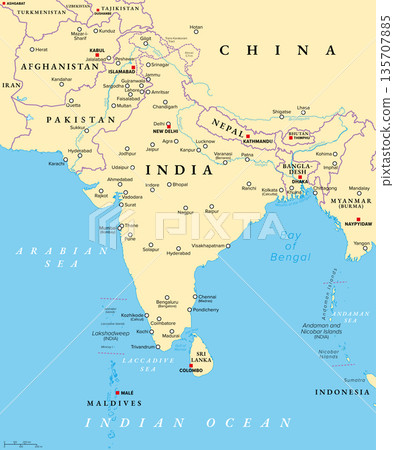 South Asia, political map with borders, capitals and large cities. Subregion of Asia, comprising the states India, Pakistan, Afghanistan, Nepal, Bhutan, Bangladesh, Sri Lanka, and the Maldives. Vector South Asia, political map with borders, capitals and large cities. Subregion of Asia, comprising the states India, Pakistan, Afghanistan, Nepal, Bhutan, Bangladesh, Sri Lanka, and the Maldives. Vector 135707885
