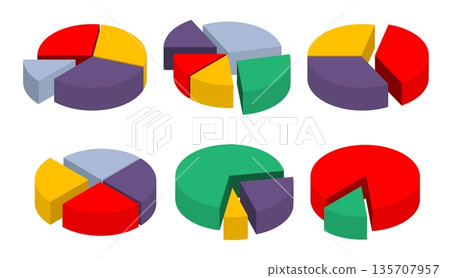 Isometric set of multi colored pie charts with separated parts of the diagram. Isolated cartoon vector set on white background top view 135707957