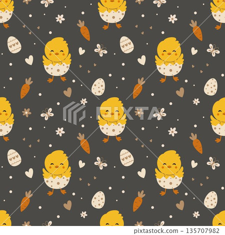 Cute Easter chick seamless pattern with smiling baby chickens in eggs, carrots, hearts and flowers, playful spring holiday background for wrapping paper, fabric, textile, wallpaper and festive design 135707982