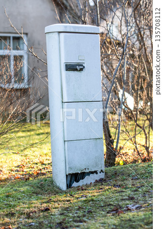 Outdoor Utility Cabinet On Residential Property Representing Infrastructure And Services Outdoor Utility Cabinet On Residential Property Representing Infrastructure And Services 135708112