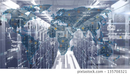 Streaming world map overlay floating through data center corridor, with server racks and data nodes Streaming world map overlay floating through data center corridor, with server racks and data nodes 135708321