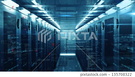 Streaming code projections along data center corridor, highlighting server racks and LED lights 135708322