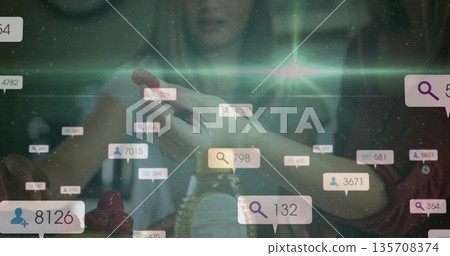 Mother and daughter picking raspberries with glass jar and bowl in kitchen, floating icons Mother and daughter picking raspberries with glass jar and bowl in kitchen, floating icons 135708374