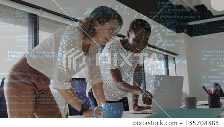 Women coworkers reviewing code on laptop in modern office with coffee mugs, pencil holder, notebook Women coworkers reviewing code on laptop in modern office with coffee mugs, pencil holder, notebook 135708383