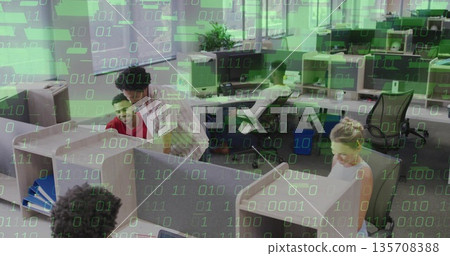 Leaning man in white shirt assisting red-shirt coworker at office cubicle, with binary overlay 135708388