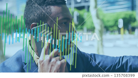 Talking smartphone businessman on road with wireless earbud, colored bar overlay, copy space Talking smartphone businessman on road with wireless earbud, colored bar overlay, copy space 135708399