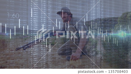 Kneeling tactical man holding rifle with headset in dry scrubland, with financial chart overlay 135708403
