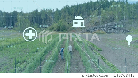 Walking two farmers inspecting trellised crops at rural farm, with digital monitoring graphics Walking two farmers inspecting trellised crops at rural farm, with digital monitoring graphics 135708415