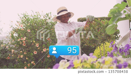 Trimming gardener wearing straw hat, gloves in garden with pruning shears and notification icon 95 Trimming gardener wearing straw hat, gloves in garden with pruning shears and notification icon 95 135708438