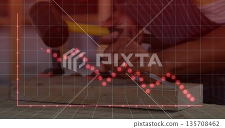 Hammering chisel, carpenter shaping wood block at shop with yellow hammer, 3D grid and red graph Hammering chisel, carpenter shaping wood block at shop with yellow hammer, 3D grid and red graph 135708462