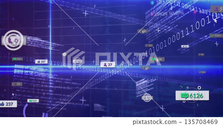 Streaming binary code forming data stream in cyberspace, with thumbs-up icons and chat bubbles Streaming binary code forming data stream in cyberspace, with thumbs-up icons and chat bubbles 135708469