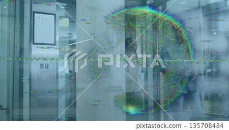 Waiting colleagues wearing business attire at glass turnstiles in lobby, glitch overlay, copy space Waiting colleagues wearing business attire at glass turnstiles in lobby, glitch overlay, copy space 135708484