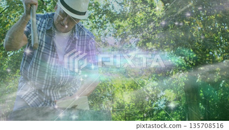 Chopping wood straw-hatted man wielding axe on stump in forest under nebula-glow, copy space Chopping wood straw-hatted man wielding axe on stump in forest under nebula-glow, copy space 135708516
