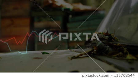 Worn car hood and windshield gathering leaves in garage, with rust spots and overlaid graph 135708544