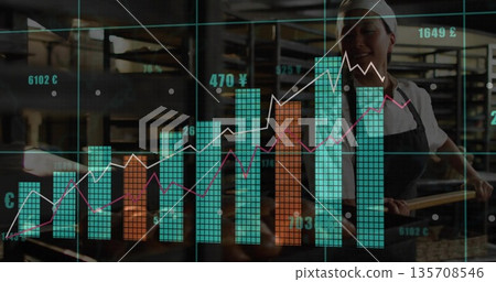 Korean bakery chef in apron pulling tray using peel amid racks in bakery, digital financial charts 135708546