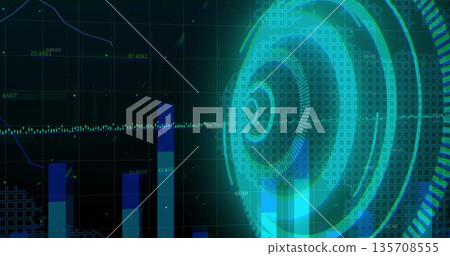 Showing glowing concentric circular interface pulsing on digital panel, with bar chart columns 135708555