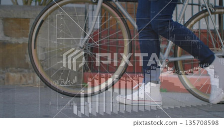 Walking woman in fitted blue jeans, white sneakers on sidewalk, bicycle wheel and digital overlays Walking woman in fitted blue jeans, white sneakers on sidewalk, bicycle wheel and digital overlays 135708598