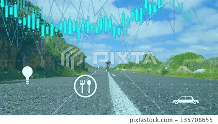 Cycling cyclist pedaling along country road centerline, with candlestick or line overlays, data icon Cycling cyclist pedaling along country road centerline, with candlestick or line overlays, data icon 135708655
