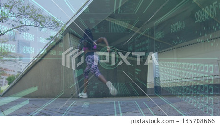 Running woman wearing sports tank and leggings climbing ramp beside building, with AR overlays Running woman wearing sports tank and leggings climbing ramp beside building, with AR overlays 135708666