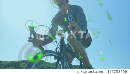 Pedaling cyclist in kit on path beside green hills with drop-bar bike, holographic energy icons Pedaling cyclist in kit on path beside green hills with drop-bar bike, holographic energy icons 135708706
