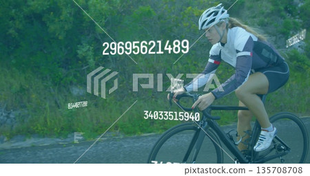Riding cyclist wearing helmet on road bike along country lane, numeric overlay, copy space Riding cyclist wearing helmet on road bike along country lane, numeric overlay, copy space 135708708