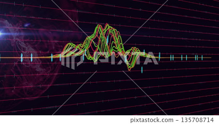Displaying neon-colored waveforms undulating with sphere and cyan bars over magenta grid lines Displaying neon-colored waveforms undulating with sphere and cyan bars over magenta grid lines 135708714