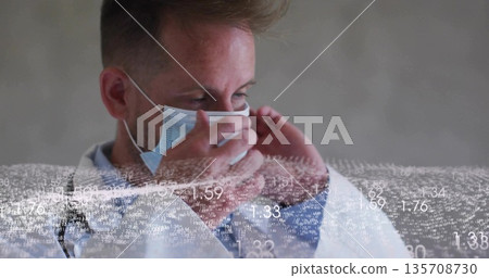 Adjusting doctor in white lab coat securing surgical mask in clinic with data overlay Adjusting doctor in white lab coat securing surgical mask in clinic with data overlay 135708730