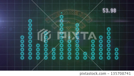 Displaying turquoise bars rising on dashboard, showing grid lines, Wi-Fi icon and numeric readout Displaying turquoise bars rising on dashboard, showing grid lines, Wi-Fi icon and numeric readout 135708741