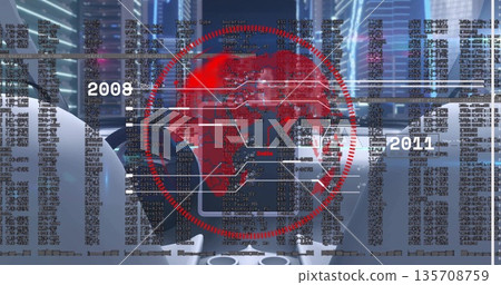 Displaying futuristic heads-up display showing red world map with code overlay in vehicle console 135708759